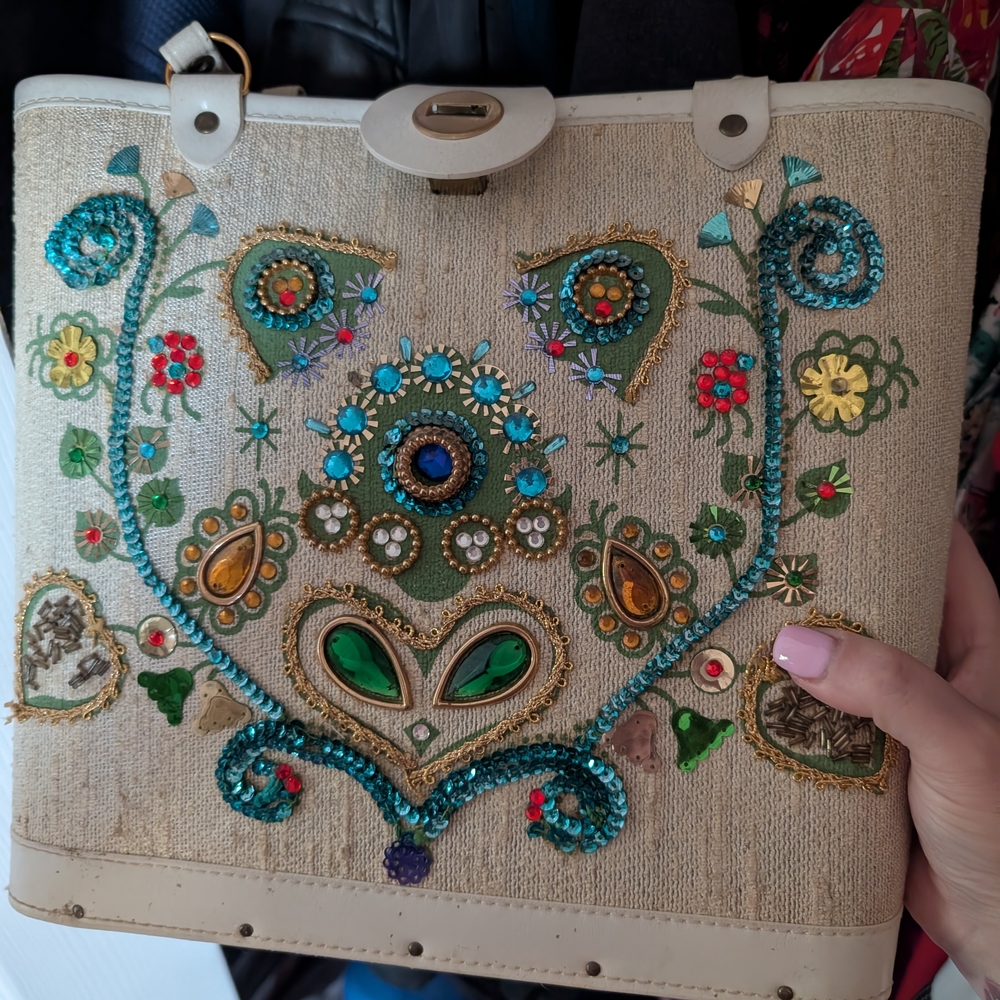 Vintage Enid Collins Style Embellished Beige Handbag with Colorful Accents